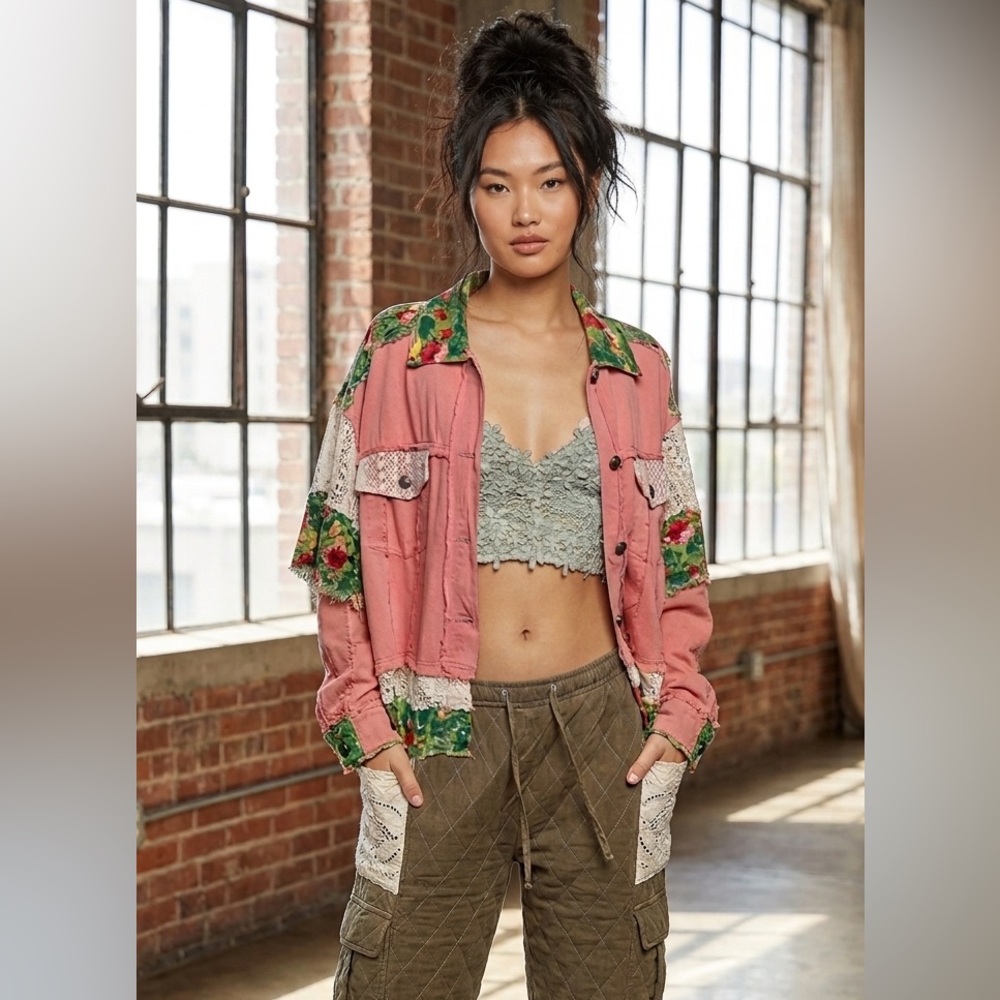POL Floral Patchwork Utility Jacket - Pink and Green NIP